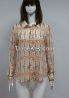 Fashion collared and long sleeve printed chiffon formal shirts womens blouse