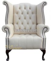 chesterfield buttoned Queen Anne High Back Wing Chair cottonseed cream Leather